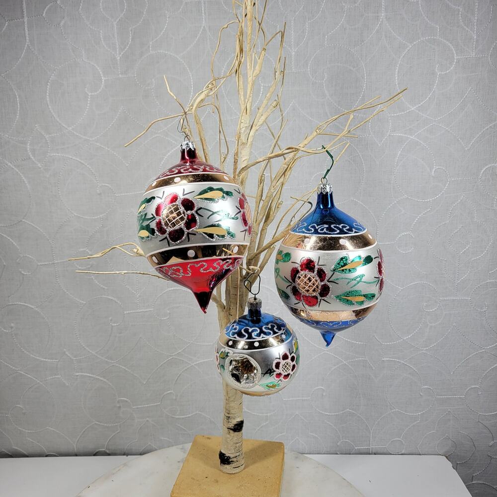 Vtg Polonaise Mercury Blown Glass Ball Ornaments Triple Indent Reflector Glitter
